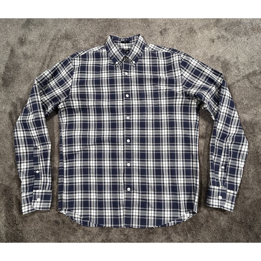 J. Crew Flex‎ Washed Slim Men Med. 100% Cotton Bold Blue Plaid Long Sleeve Shirt